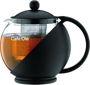 Café Olé Everyday Round Tea Pot Infusor Cesta Tetera de vidrio Hojas sueltas 700 ml / 24 oz, Negro, 700 ml / 0.7L
